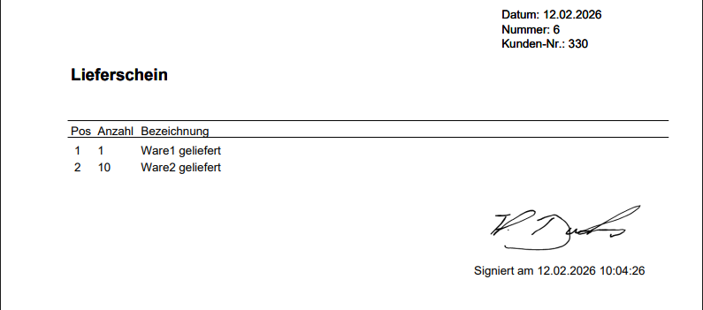Lieferschein digital unterschrieben im Online Rechnungsprogramm Auftrags-WEBManager